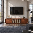 Rounded solid wood TV stand with center vinyl storage and side drawers for living room

