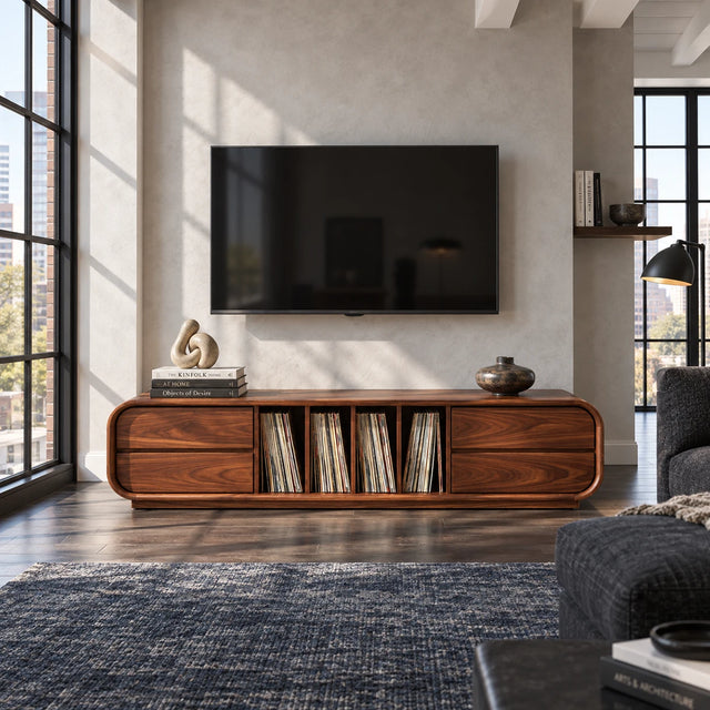 Rounded solid wood TV stand with center vinyl storage and side drawers for living room
