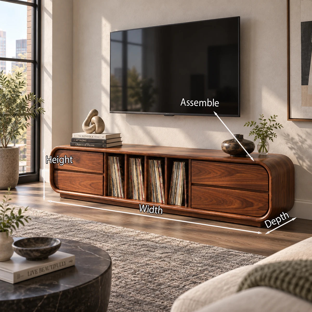 Refined living room TV stand in solid wood with vinyl storage and flanking drawers
