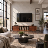 Modern media console in solid wood with record storage cubbies and smooth drawers
