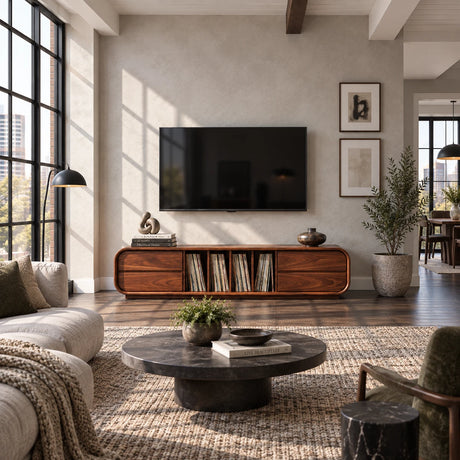 Modern media console in solid wood with record storage cubbies and smooth drawers
