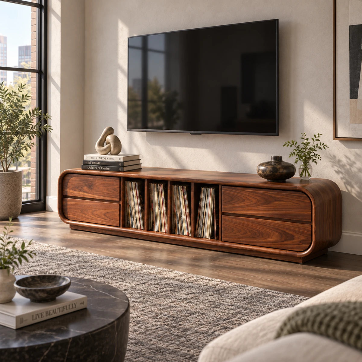 Low profile entertainment center in solid wood with open record slots and drawers
