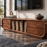 Sleek TV console in solid wood with rounded edges, vinyl storage, and side drawers
