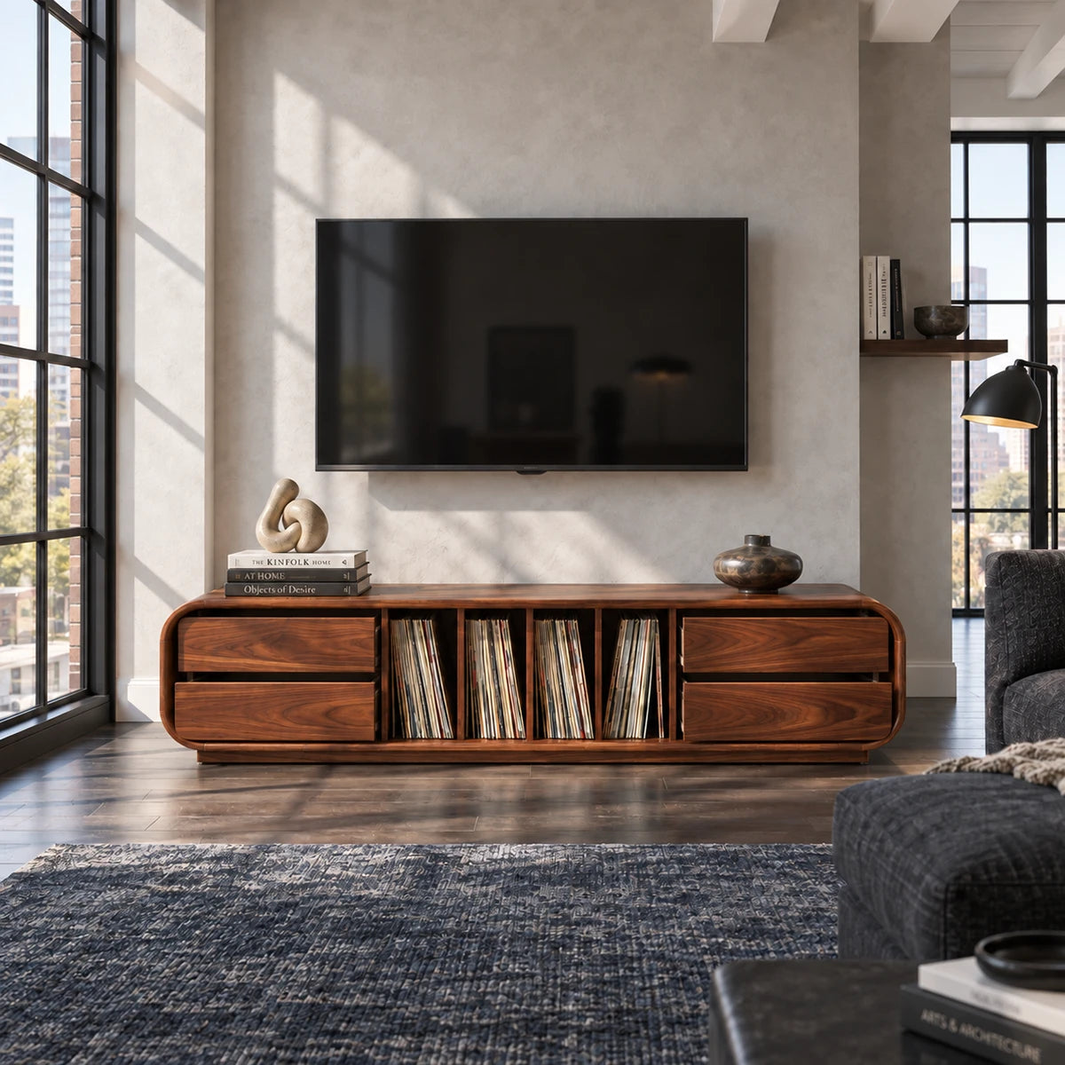 Contemporary media cabinet in solid wood with built-in record storage and drawers
