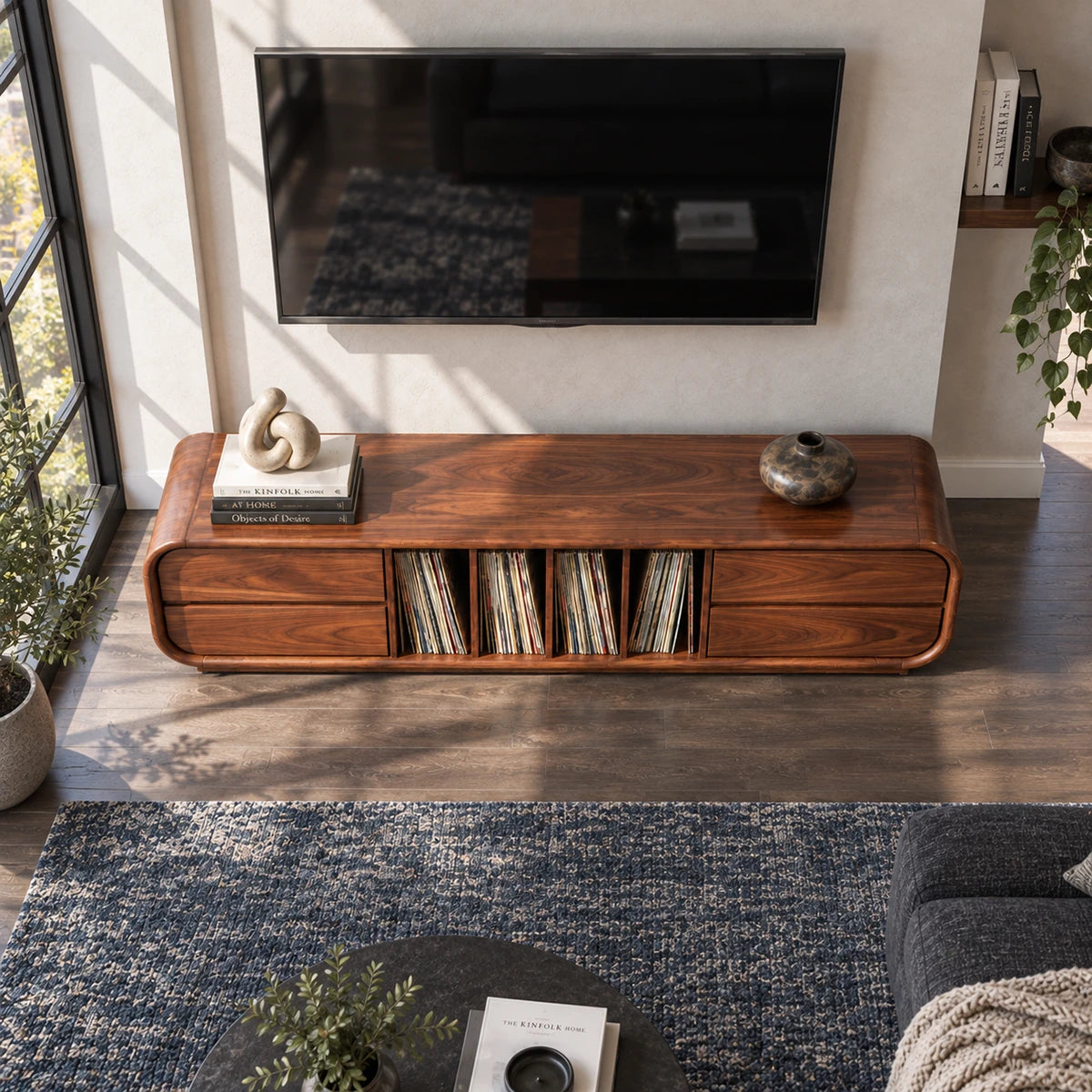 Minimalist TV stand in solid wood with vinyl compartments and balanced drawer storage
