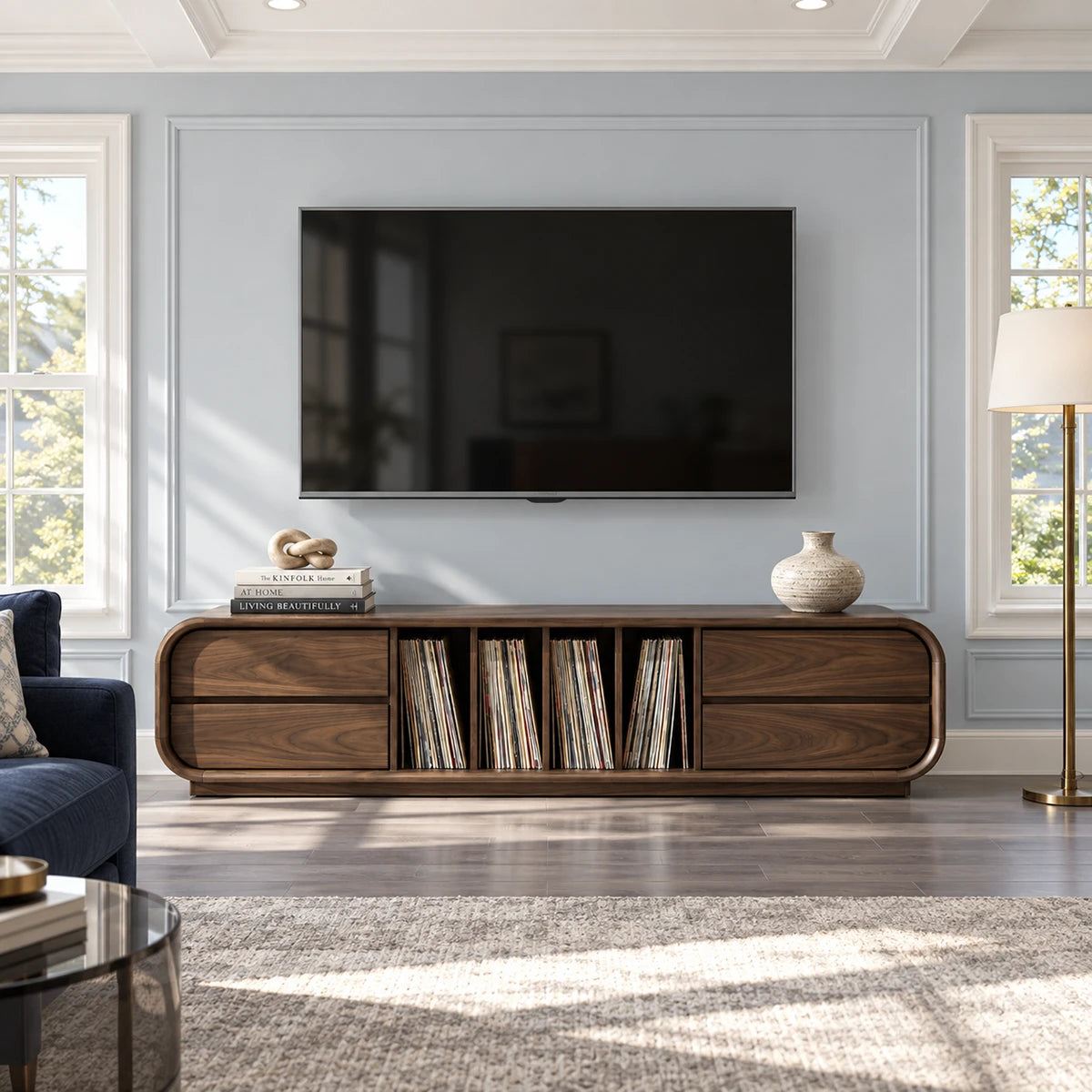 Wide media unit in solid wood with center LP storage and symmetrical side drawers
