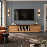 Functional entertainment console in solid wood with open vinyl storage and drawers
