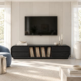 Designer TV media cabinet in solid wood with rounded frame and center record slots
