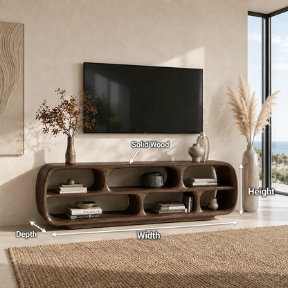 Rounded Solid Wood TV Stand with Sculptural Open Shelf Storage Console - ArborisWood - 10