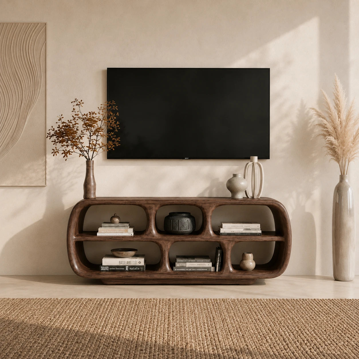 Rounded Solid Wood TV Stand with Sculptural Open Shelf Storage Console - ArborisWood - 11