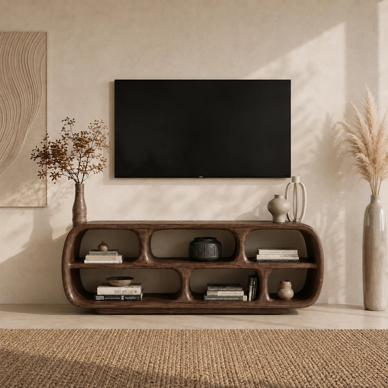 Rounded Solid Wood TV Stand with Sculptural Open Shelf Storage Console - ArborisWood - 12