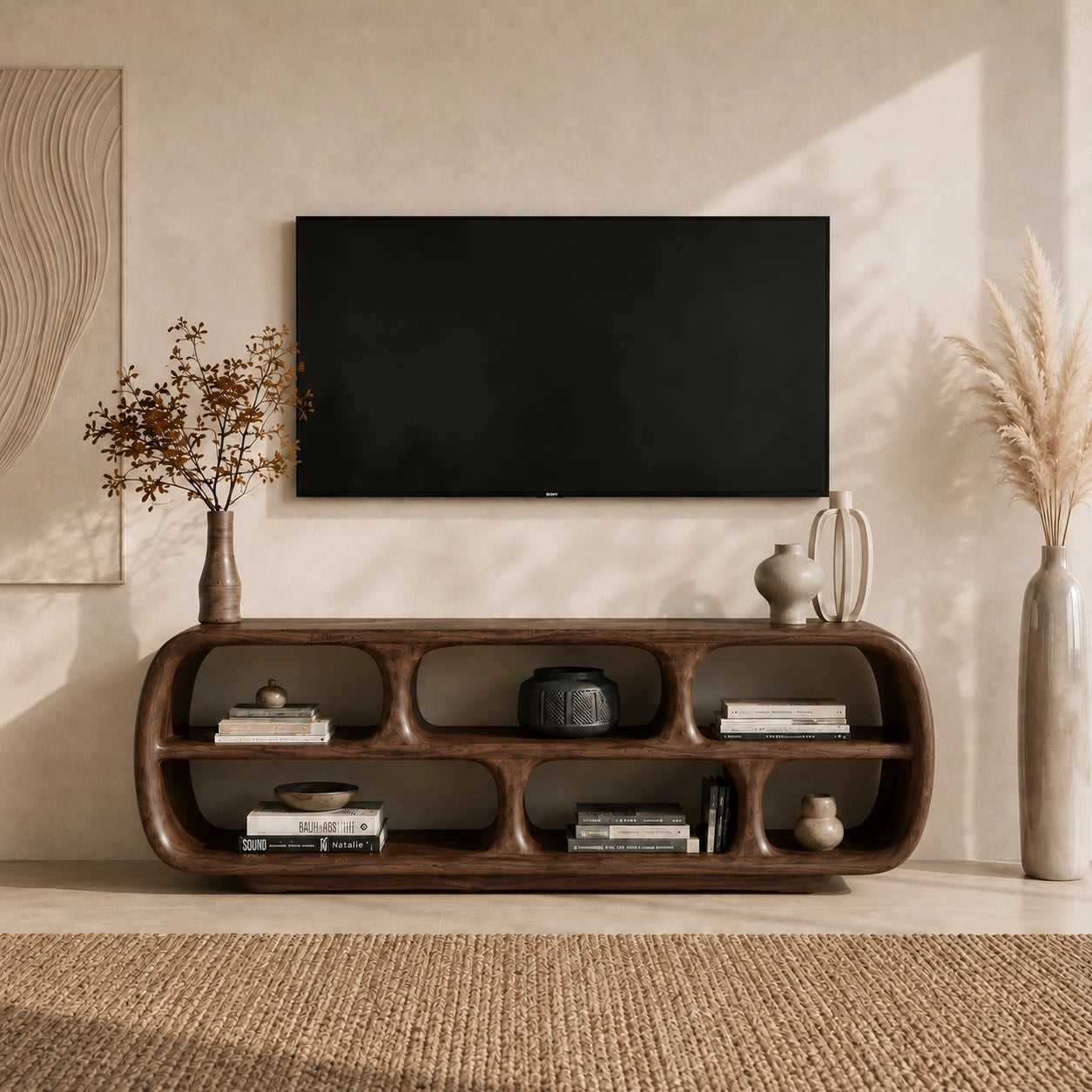 Rounded Solid Wood TV Stand with Sculptural Open Shelf Storage Console - ArborisWood - 13