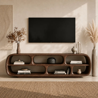 Rounded Solid Wood TV Stand with Sculptural Open Shelf Storage Console - ArborisWood - 14