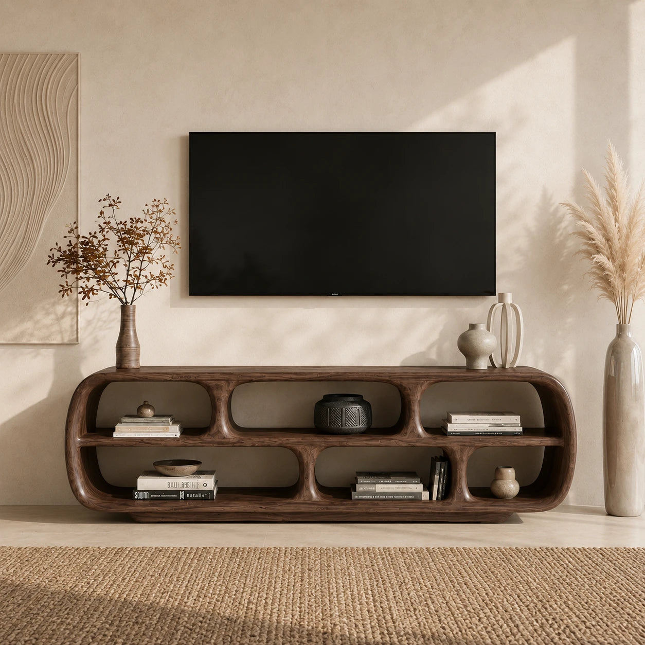 Rounded Solid Wood TV Stand with Sculptural Open Shelf Storage Console - ArborisWood - 3