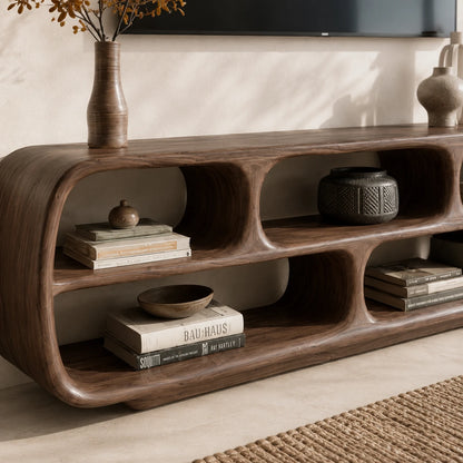Rounded Solid Wood TV Stand with Sculptural Open Shelf Storage Console - ArborisWood - 4