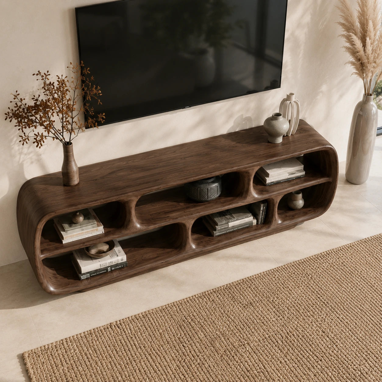 Rounded Solid Wood TV Stand with Sculptural Open Shelf Storage Console - ArborisWood - 5