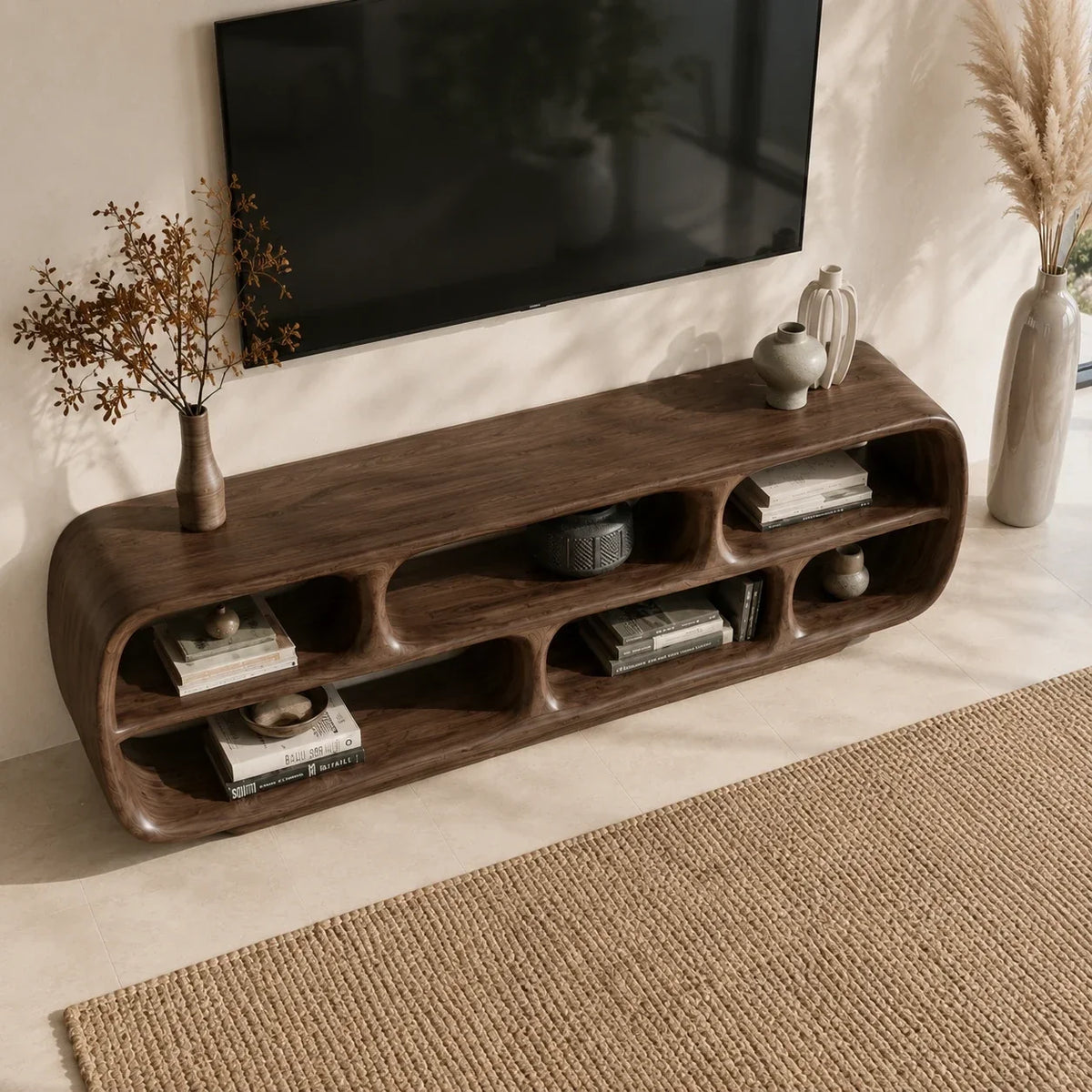 Rounded Solid Wood TV Stand with Sculptural Open Shelf Storage Console - Arboriswood - 5