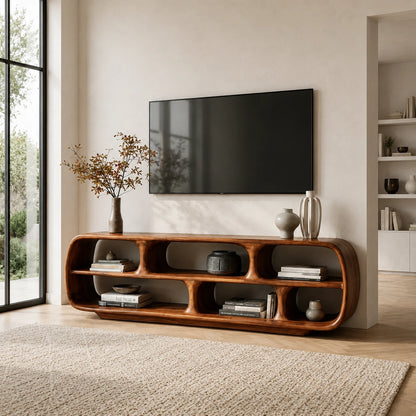 Rounded Solid Wood TV Stand with Sculptural Open Shelf Storage Console - ArborisWood - 6