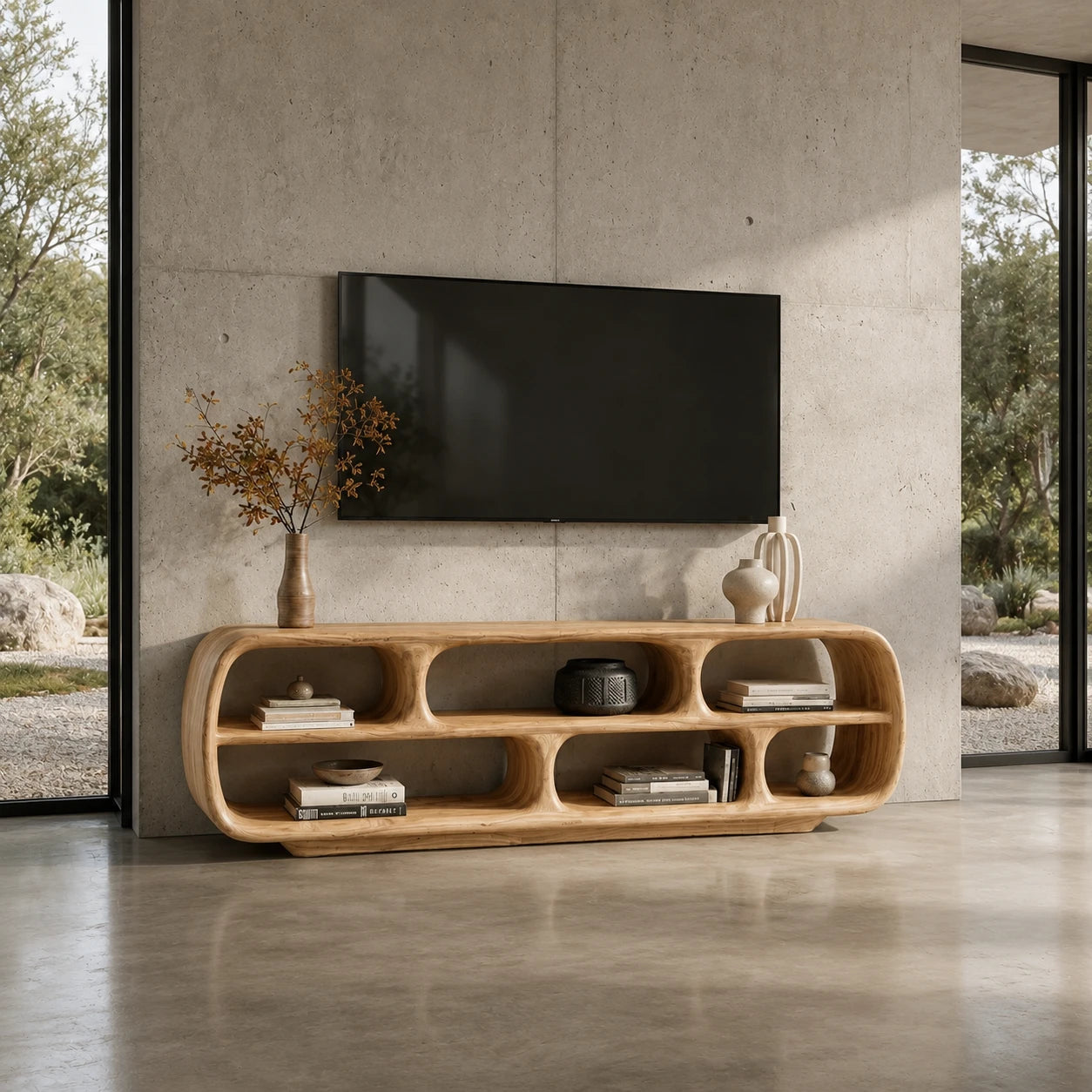 Rounded Solid Wood TV Stand with Sculptural Open Shelf Storage Console - ArborisWood - 7