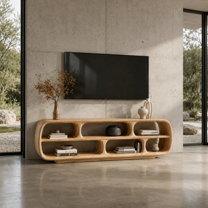 Rounded Solid Wood TV Stand with Sculptural Open Shelf Storage Console - ArborisWood - 7