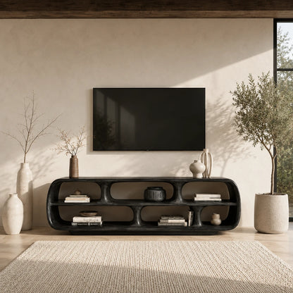 Rounded Solid Wood TV Stand with Sculptural Open Shelf Storage Console - ArborisWood - 8