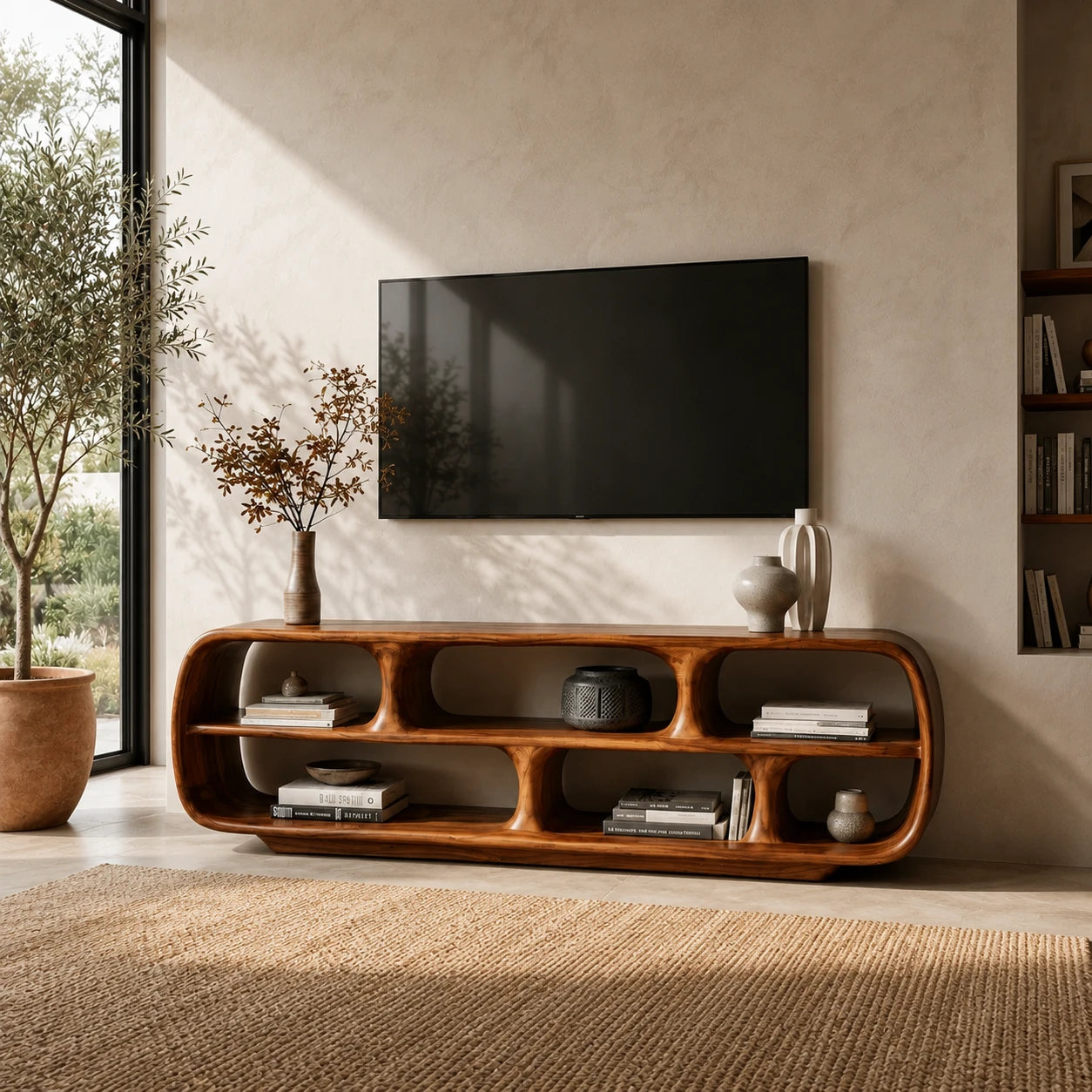 Rounded Solid Wood TV Stand with Sculptural Open Shelf Storage Console - ArborisWood - 9