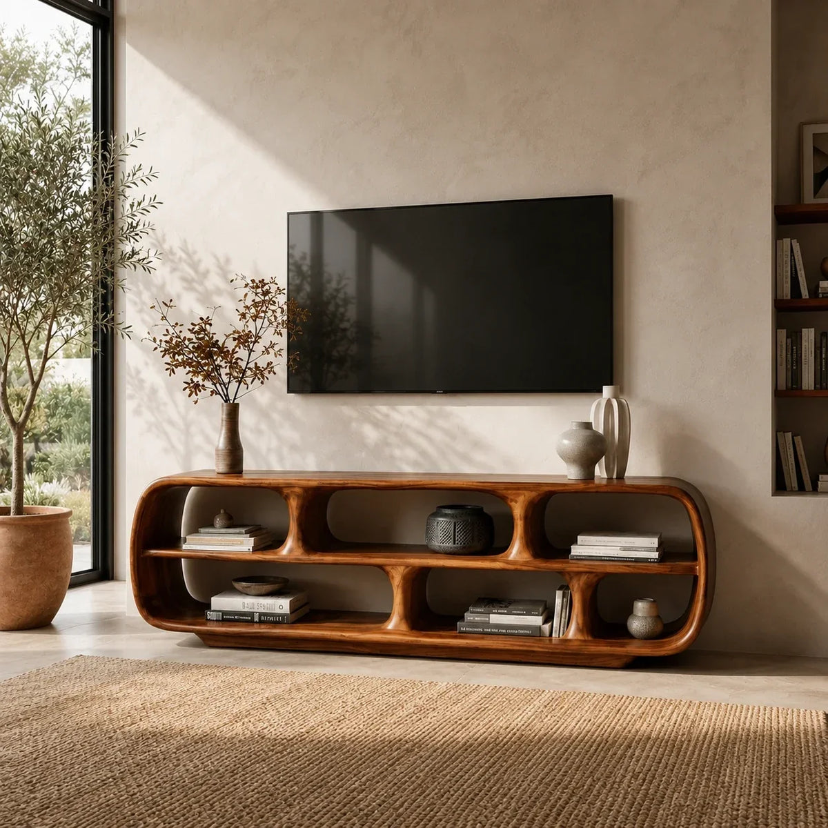Rounded Solid Wood TV Stand with Sculptural Open Shelf Storage Console - Arboriswood - 9
