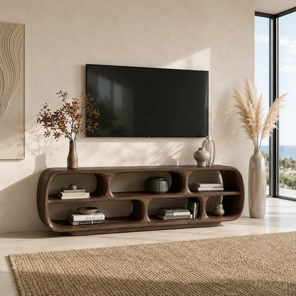Rounded Solid Wood TV Stand with Sculptural Open Shelf Storage Console - ArborisWood