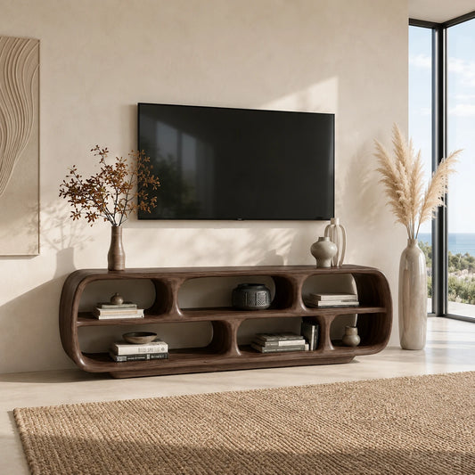 Rounded Solid Wood TV Stand with Sculptural Open Shelf Storage Console - ArborisWood