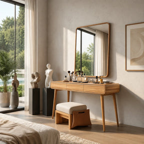Modern makeup vanity with three drawers and warm wood tone finish in a bright bedroom
