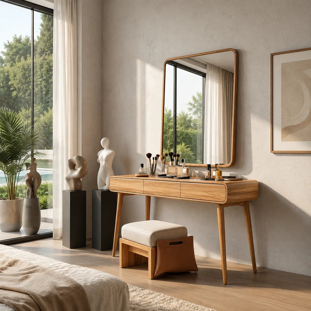 Modern makeup vanity with three drawers and warm wood tone finish in a bright bedroom