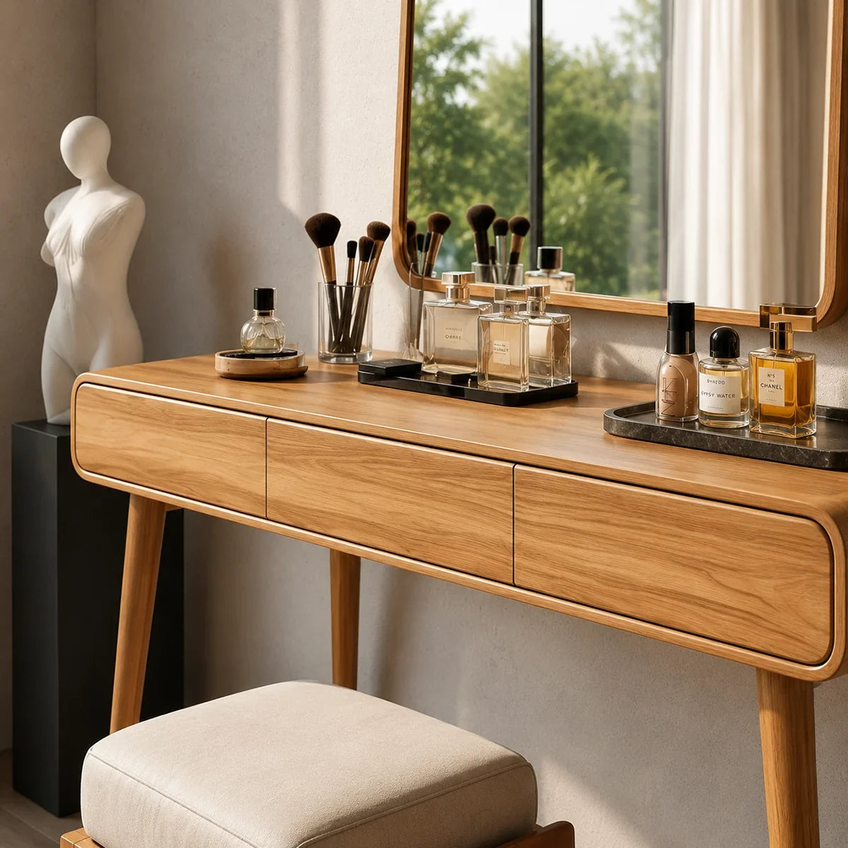 Cosmetic vanity table with tapered legs and smooth corners for daily makeup routines
