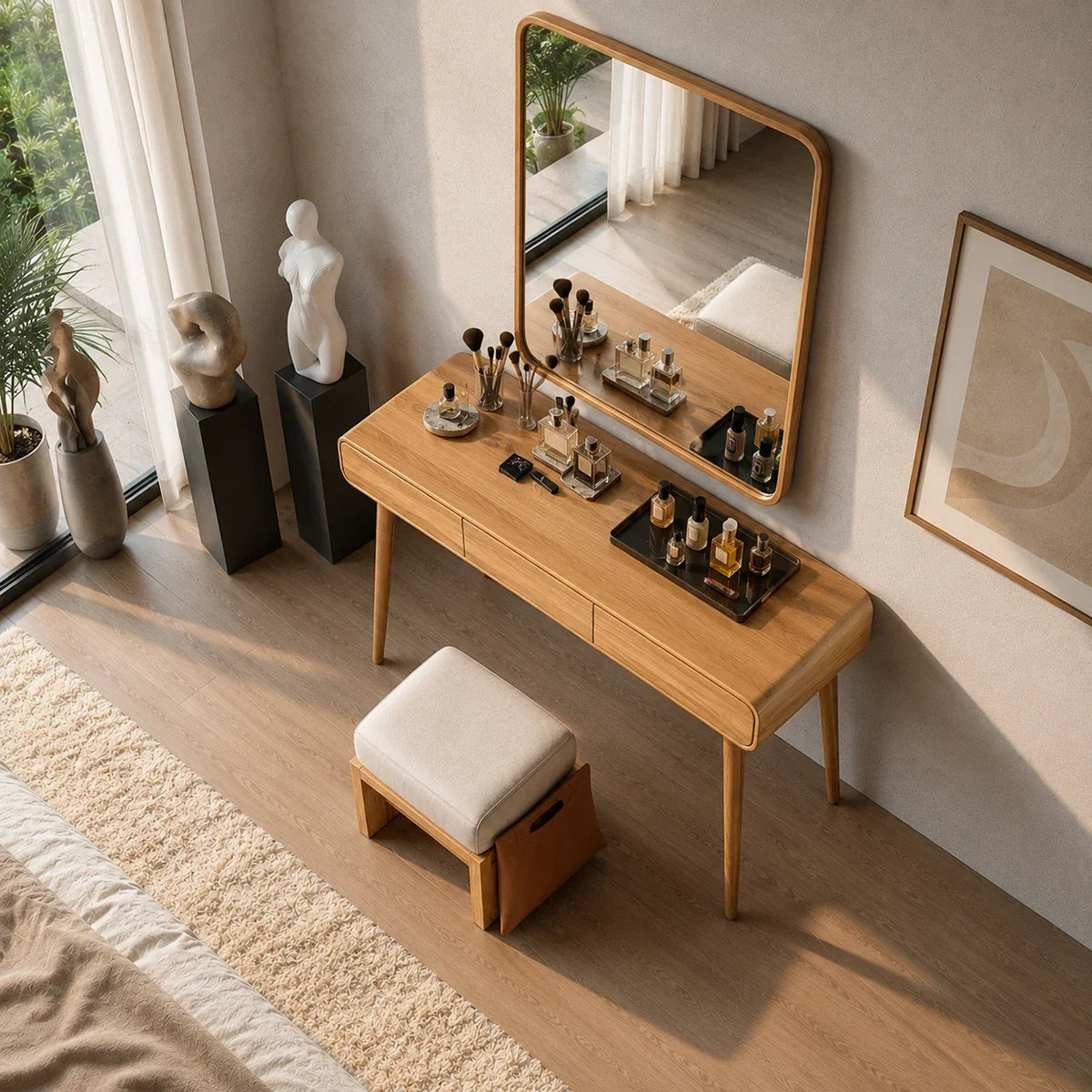 Designer makeup table with visible grain and clean drawer fronts in a refined bedroom