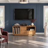 This solid wood media cabinet pairs record organizer slots with roomy compartments
