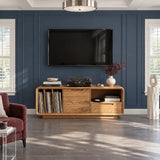 Perfect as a record storage cabinet, this solid wood TV stand keeps media tidy inside

