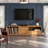 Balanced living room media console in solid wood with LP storage and side drawers