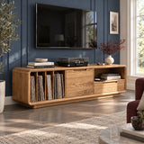 Rounded solid wood TV stand with vinyl record storage and drawer media cabinet unit
