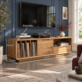 Refined solid wood TV unit with rounded corners, record racks, and drawer storage
