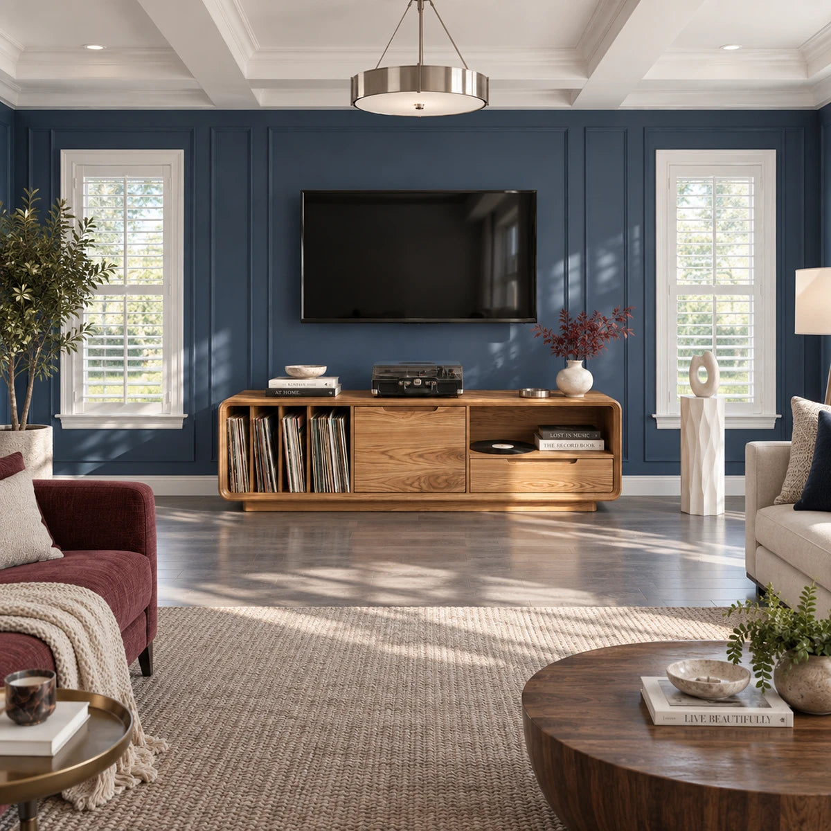 Modern media console in solid wood with turntable space and vertical LP storage rack
