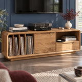 Sleek TV console in solid wood with rounded sides, LP slots, and hidden storage space
