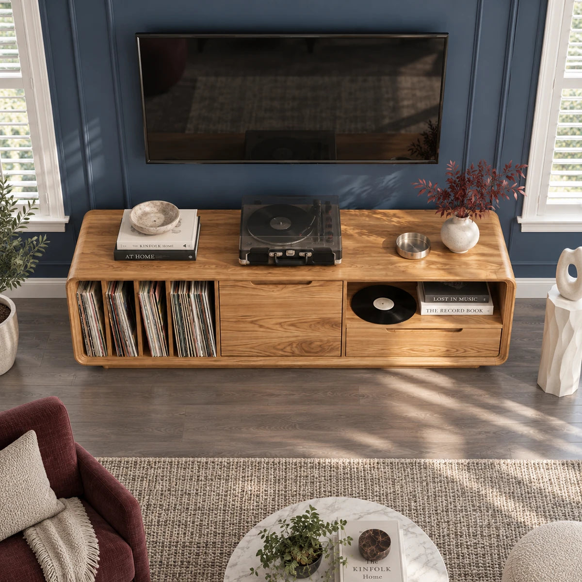 Designed for living rooms, this solid wood media unit stores records and gear neatly
