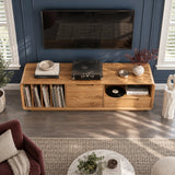 Designed for living rooms, this solid wood media unit stores records and gear neatly
