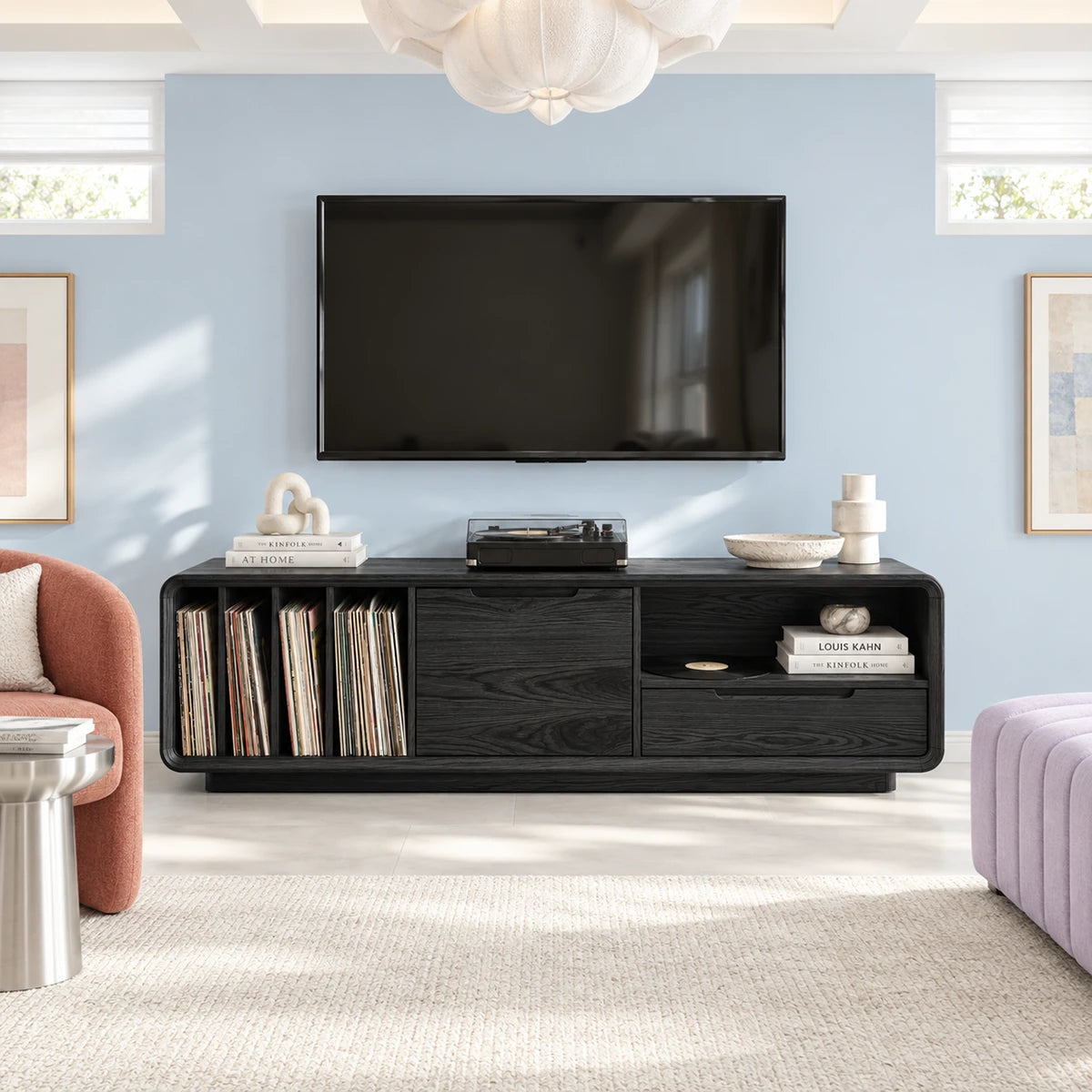 Clean lined entertainment console in solid wood with LP storage and two drawers below
