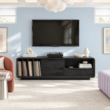 Clean lined entertainment console in solid wood with LP storage and two drawers below
