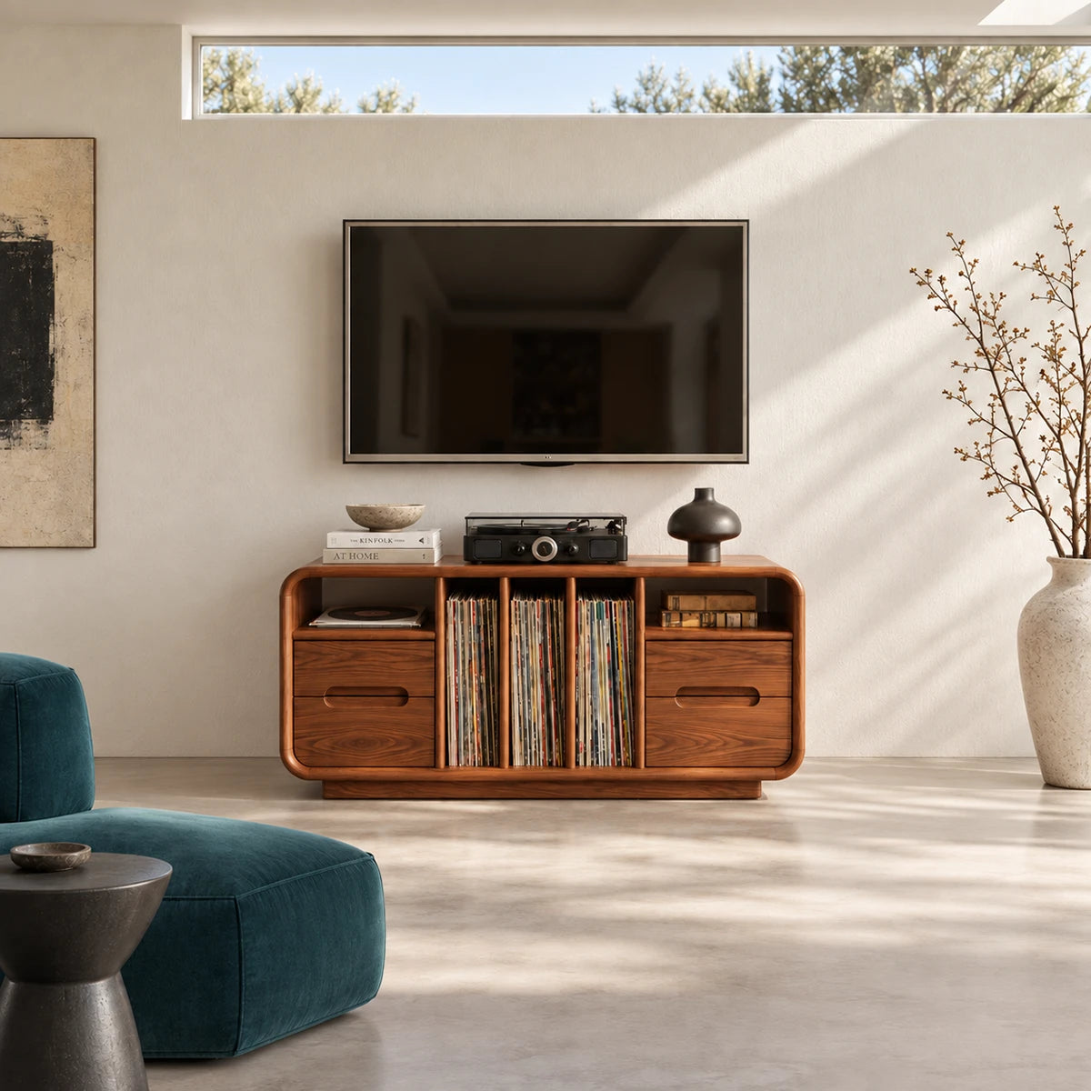 This solid wood media console combines LP storage, drawer space, and open shelving
