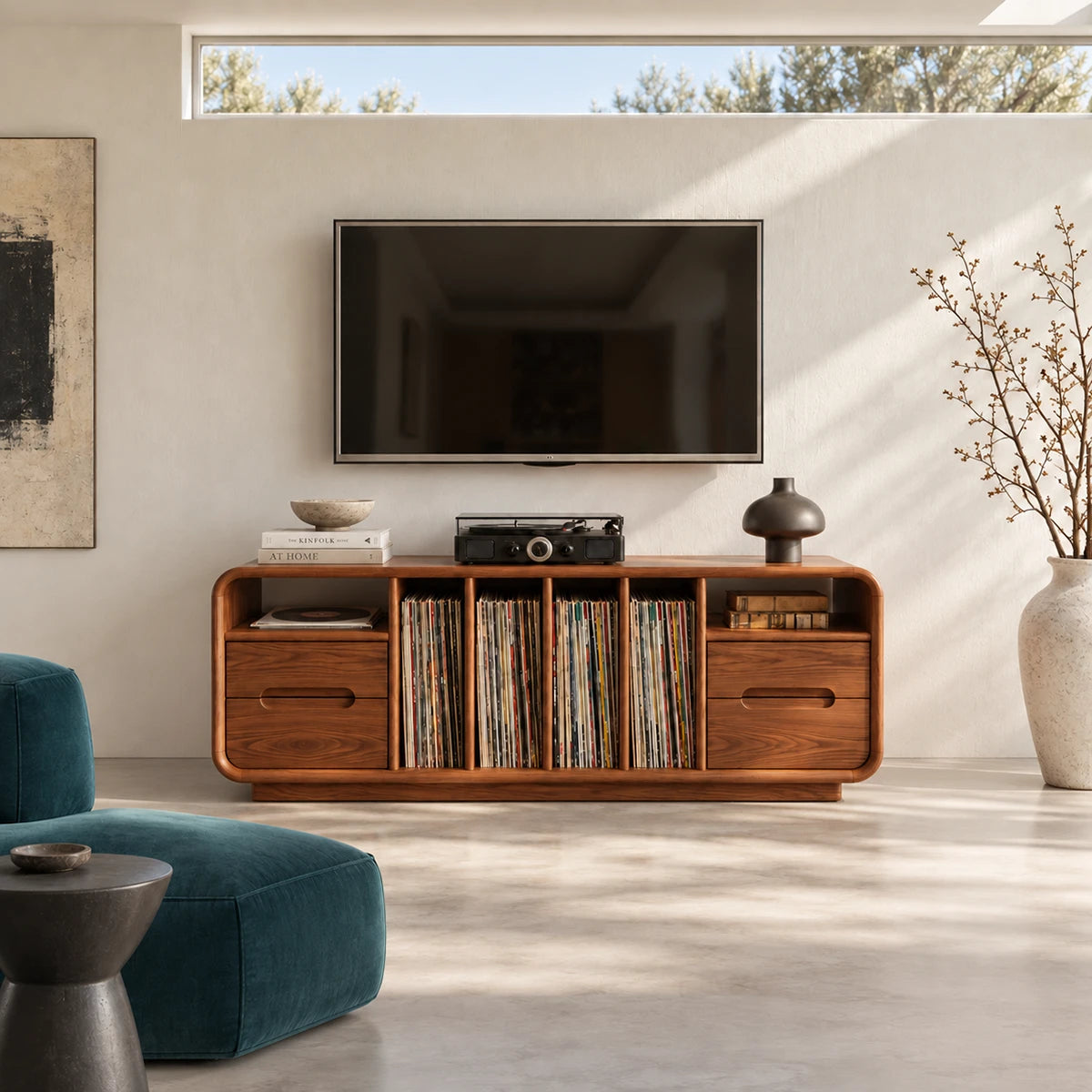 Perfect as a record storage cabinet, this solid wood TV console keeps media tidy
