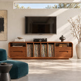 Balanced living room media cabinet in solid wood with vinyl storage and drawers