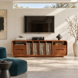 Rounded solid wood TV stand with vinyl record storage, drawers, and turntable shelf
