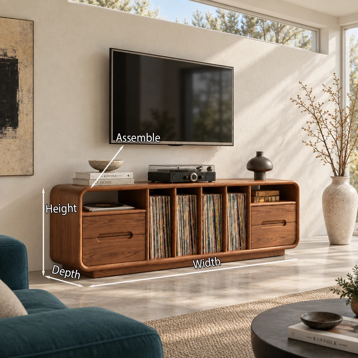Refined solid wood TV unit with rounded sides, vinyl storage, and drawer space inside
