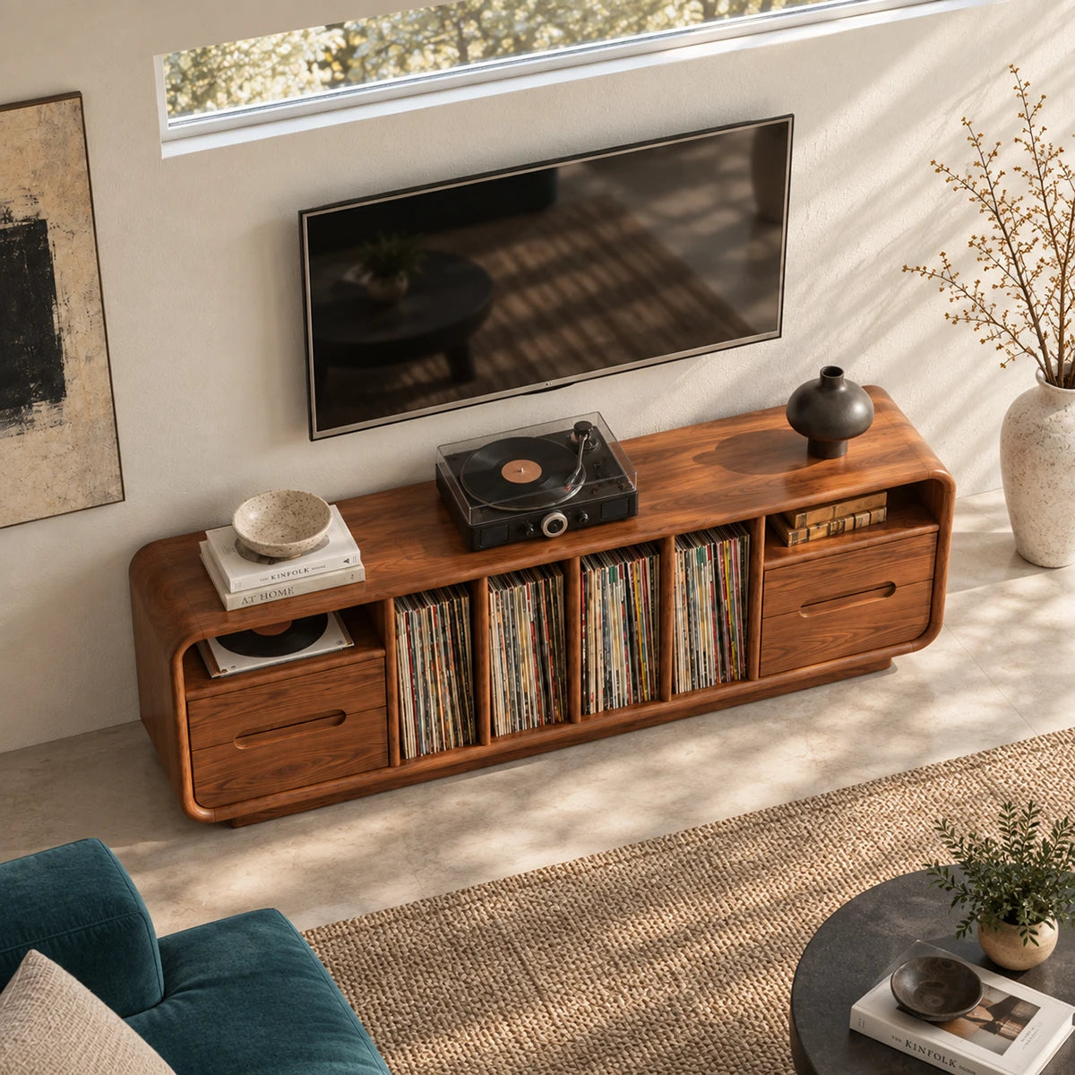 Designed as a media unit, this solid wood cabinet keeps turntable gear organized
